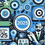 Ilustração do artigo sobre as 10 Ferramentas Essenciais para Profissionais de Marketing Digital em 2025, na paleta azul, verde, preto e branco. Desenho de lupas, homem analisando ferramentas e o numero representando o ano 2025.