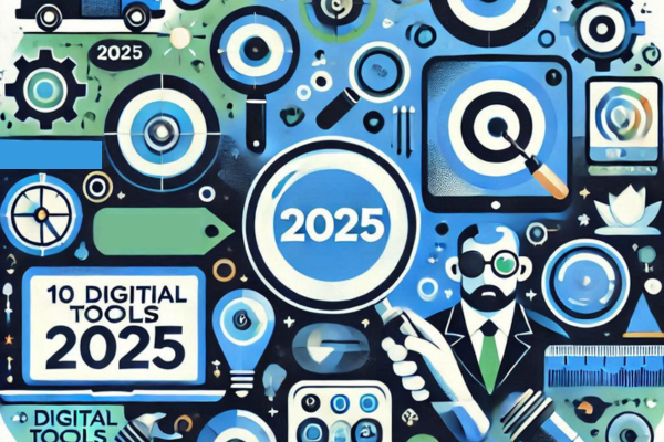 Ilustração do artigo sobre as 10 Ferramentas Essenciais para Profissionais de Marketing Digital em 2025, na paleta azul, verde, preto e branco. Desenho de lupas, homem analisando ferramentas e o numero representando o ano 2025.