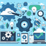 Ilustração do artigo sobre Ferramentas para Otimizar Campanhas de Marketing. Desenho na paleta azul, verde, preto e branco.