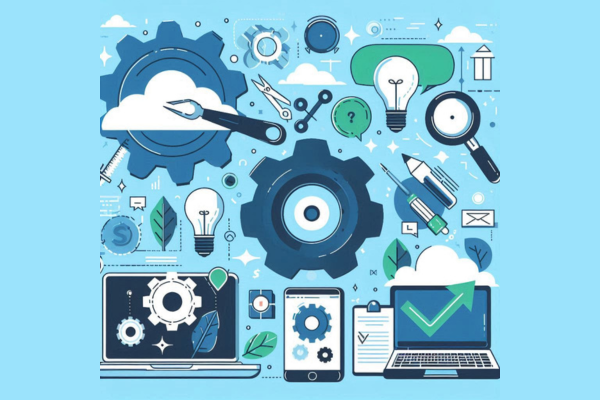 Ilustração do artigo sobre Ferramentas para Otimizar Campanhas de Marketing. Desenho na paleta azul, verde, preto e branco.