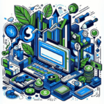 Ilustração do artigo na paleta de cores: azul, verde, preto e branco. Desenho de computador ao redor de dinheiro e tabelas, formas de monetização.