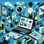 Ilustração do artigo sobre ferramentas de design e criação de conteúdo digital, com elementos como notebook, celular e outros aparelhos. Na paleta azul, verde, preto e branco.