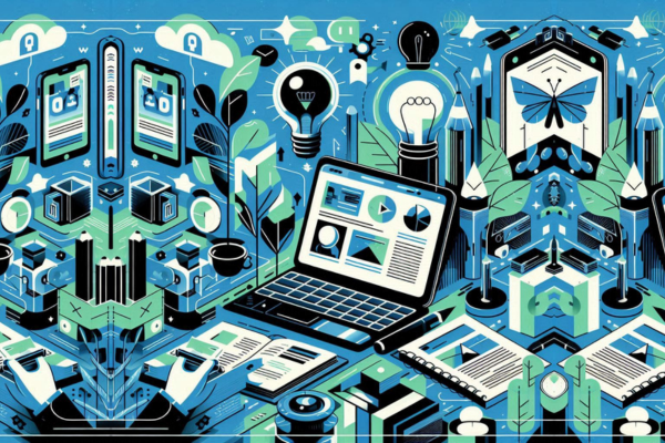 Ilustração do artigo sobre ferramentas de design e criação de conteúdo digital, com elementos como notebook, celular e outros aparelhos. Na paleta azul, verde, preto e branco.