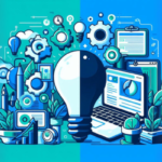 Busca no google de resultados para pesquisas sobre fundamentos do marketing digital. Ilustração destacada do artigo com um desenho de lâmpada, computadores e engrenagens representando ideias e estratégias de marketing digital, na paleta azul e verde.