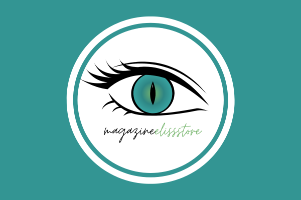 Ilustração: logo da revista/magazine Elissstore, parceira magalu. Um olho da cor turquesa, combinando com a cor do fundo.
