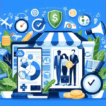 Ilustração do artigo sobre marketing de afiliados para blogs, como escolher os produtos certos para promover. A imagem contem blogueiros, relógios, plantas, dinheiro, na paleta azul, verde, preto e branco.