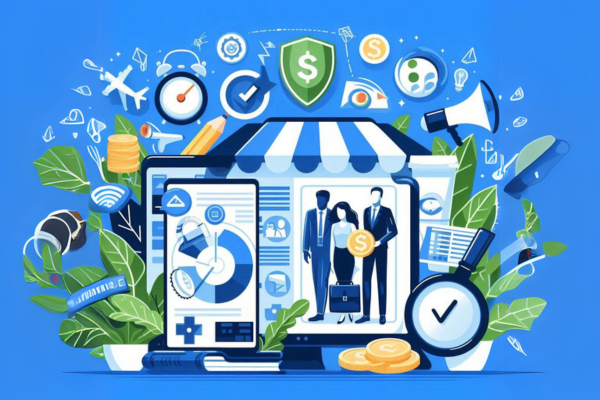 Ilustração do artigo sobre marketing de afiliados para blogs, como escolher os produtos certos para promover. A imagem contem blogueiros, relógios, plantas, dinheiro, na paleta azul, verde, preto e branco.