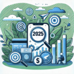 Ilustração do artigo sobre o Mercado de Afiliados e como começar do zero em 2025. Desenho na paleta azul, verde, preto e branco, com o ano escrito dentro de uma prancheta, gráficos, relógios, lupa, alvo de flecha, plantas e nuvens ao redor.