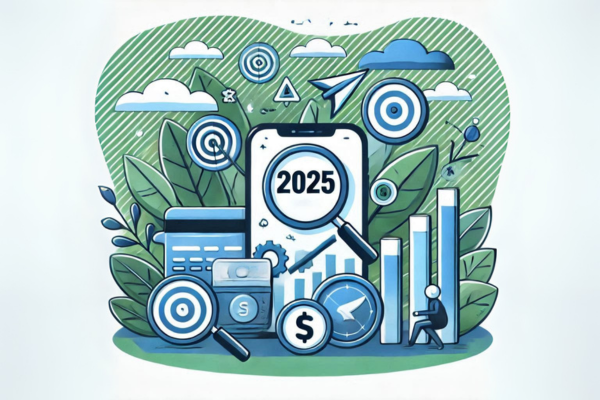 Ilustração do artigo sobre o Mercado de Afiliados e como começar do zero em 2025. Desenho na paleta azul, verde, preto e branco, com o ano escrito dentro de uma prancheta, gráficos, relógios, lupa, alvo de flecha, plantas e nuvens ao redor.