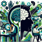 Ilustração do post sobre o Papel da Psicologia no Marketing Digital. Imagem de um rosto de perfil com um cérebro dentro, um homem e uma mulher de costas um para o outro estudando sobre o tema, na paleta azul, verde, preto e branco.