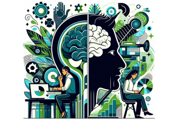 Ilustração do post sobre o Papel da Psicologia no Marketing Digital. Imagem de um rosto de perfil com um cérebro dentro, um homem e uma mulher de costas um para o outro estudando sobre o tema, na paleta azul, verde, preto e branco.