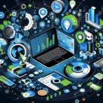 lustração representando as tendências de mercado no marketing digital. Imagem de computador e outros aparelhos eletrônicos, na paleta azul, verde, preto e branco.