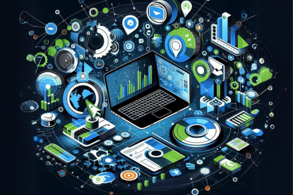 lustração representando as tendências de mercado no marketing digital. Imagem de computador e outros aparelhos eletrônicos, na paleta azul, verde, preto e branco.