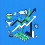 Ilustração do artigo sobre estratégias de tráfego pago para aumentar vendas, na paleta azul, verde, preto e branco. Desenho de tabelas, funil, dinheiro, computador.