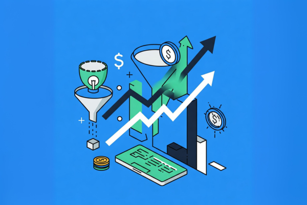 Ilustração do artigo sobre estratégias de tráfego pago para aumentar vendas, na paleta azul, verde, preto e branco. Desenho de tabelas, funil, dinheiro, computador.