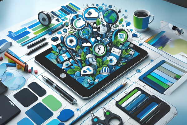 Ilustração do artigo sobre como ter mais engajamento em redes sociais com conteúdo criativo. Imagem de um tablet e ferramentas de criação de conteúdo, na paleta azul, verde, preto e branco predominantemente.