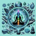 Ilustração do artigo do Curso de Terapeuta Holístico, na paleta azul, verde, preto e os 7 chakras coloridos no centro do indivíduo.