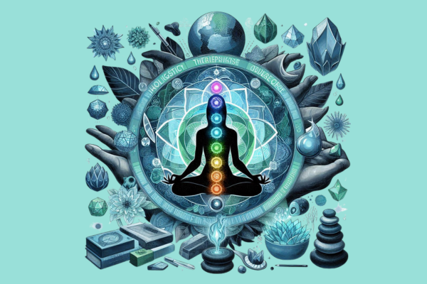 Ilustração do artigo do Curso de Terapeuta Holístico, na paleta azul, verde, preto e os 7 chakras coloridos no centro do indivíduo.