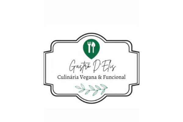 Ilustração da logo da Gastrô D'Elis - Culinária Vegana e Funcional, na paleta preto, branco e verde.
