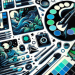 Ilustração de pack de artes profissionais, com elementos artísticos, na paleta azul, verde, preto e branco.