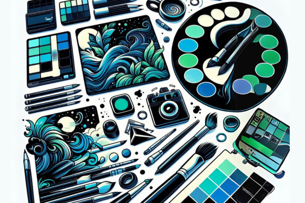 Ilustração de pack de artes profissionais, com elementos artísticos, na paleta azul, verde, preto e branco.