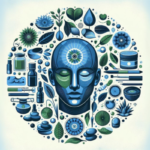 Ilustração do artigo sobre Psicoterapeuta Holística. Desenho de uma cabeça com elementos naturais e energéticos, na paleta azul, verde, preto e branco.