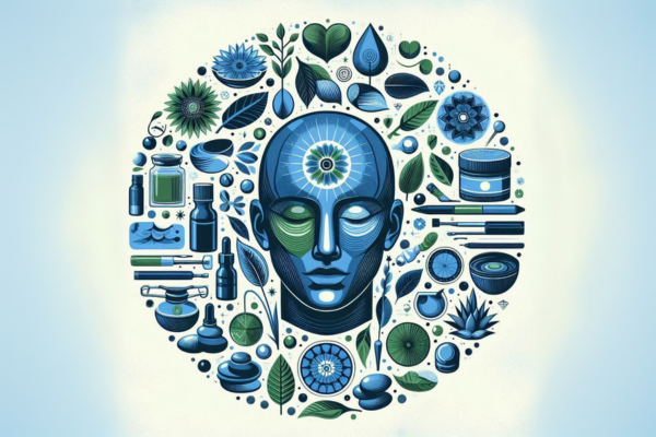 Ilustração do artigo sobre Psicoterapeuta Holística. Desenho de uma cabeça com elementos naturais e energéticos, na paleta azul, verde, preto e branco.