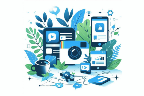 Ilustração do artigo sobre 7 Estratégias Simples para Crescer no Instagram Mesmo com Poucos Seguidores. A imagem é comporta por câmera, tablets e plantas, na paleta azul, verde, preto e branco.