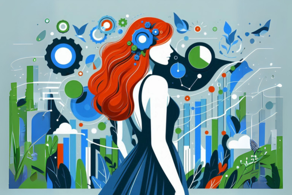 Ilustação do artigo sobre A Revolução das Ferramentas de Análise: Como Potencializar seus Resultados de Marketing, com uma mulher ruiva revolucionando o marketing, na paleta azul, verde, laranja, preto e branco.