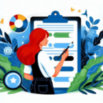 Ilustração do artigo sobre As Ferramentas Essenciais para Afiliados Aumentarem Suas Comissões: Guia Prático para Maximizar Resultados, uma mulher ruiva preenchendo uma lista, na paleta azul, verde, laranja, preto e branco.