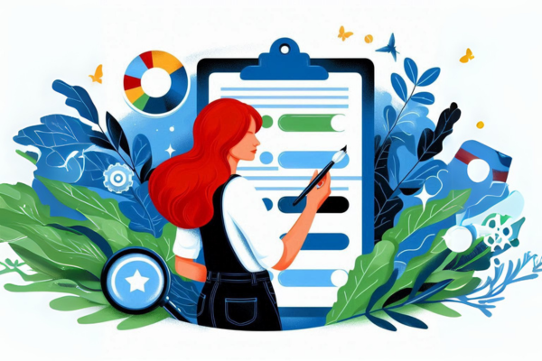 Ilustração do artigo sobre As Ferramentas Essenciais para Afiliados Aumentarem Suas Comissões: Guia Prático para Maximizar Resultados, uma mulher ruiva preenchendo uma lista, na paleta azul, verde, laranja, preto e branco.