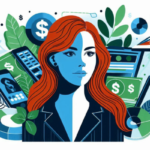 Ilustração do artigo sobre "Passo a Passo: Como Ganhar Dinheiro com Marketing de Afiliados em 2025, uma ruiva ao redor de aparelhos celulares e dinheiro, na paleta laranja, azul, verde, preto e branco.