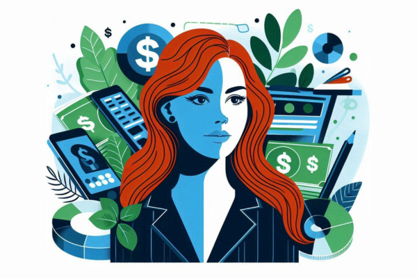 Ilustração do artigo sobre "Passo a Passo: Como Ganhar Dinheiro com Marketing de Afiliados em 2025, uma ruiva ao redor de aparelhos celulares e dinheiro, na paleta laranja, azul, verde, preto e branco.