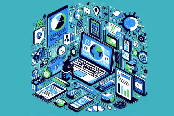 Ilustração do artigo sobre "Como Usar Redes Sociais para Promover Produtos no Mercado de Afiliados". Possui um avatar mexendo em computadores utilizando redes socias, na paleta azul, verde, preto e branco.