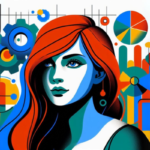 Ilustração do artigo sobre Como Usar o Google Analytics para Monitorar Seu Desempenho", uma moça ruiva com elementos gráficos, na paleta azul, verde, preto, branco, laranja e amarelo.