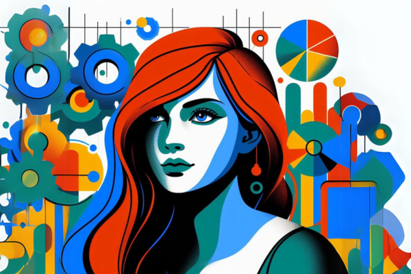 Ilustração do artigo sobre Como Usar o Google Analytics para Monitorar Seu Desempenho", uma moça ruiva com elementos gráficos, na paleta azul, verde, preto, branco, laranja e amarelo.