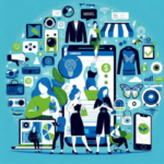 Ilustração do artigo sobre Estratégias de Marketing de Influência para Pequenas Marcas, com elementos digitais, pessoas, vestuários, na paleta azul, verde, preto e branco.