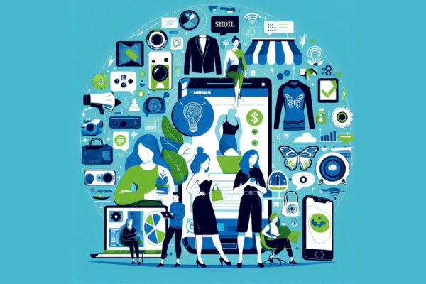 Ilustração do artigo sobre Estratégias de Marketing de Influência para Pequenas Marcas, com elementos digitais, pessoas, vestuários, na paleta azul, verde, preto e branco.