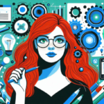 Ilustração do artigo sobre Marketing Digital para Iniciantes: As Melhores Ferramentas para Começar do Zero, com uma mulher ruiva de óculos analisando as ferramentas. Imagem na paleta azul, verde, laranja, preto e branco,