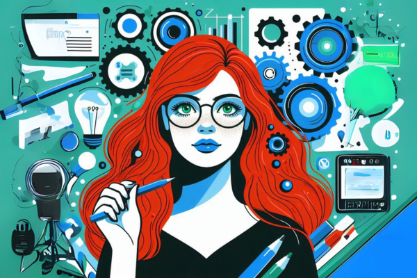 Ilustração do artigo sobre Marketing Digital para Iniciantes: As Melhores Ferramentas para Começar do Zero, com uma mulher ruiva de óculos analisando as ferramentas. Imagem na paleta azul, verde, laranja, preto e branco,