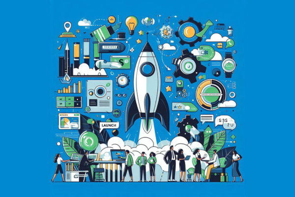 Ilustração do artigo sobre Marketing Digital para lançamentos, na paleta azul, verde, preto e branco. Imagem de foguete, pessoas e campanhas de lançamento.