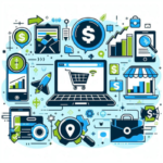 Ilustração do artigo sobre Mercado de Afiliados ou E-commerce: Qual é a Melhor Opção para Iniciantes, com elementos de notebook, compras, gráficos, na paleta azul, verde, preto e branco.
