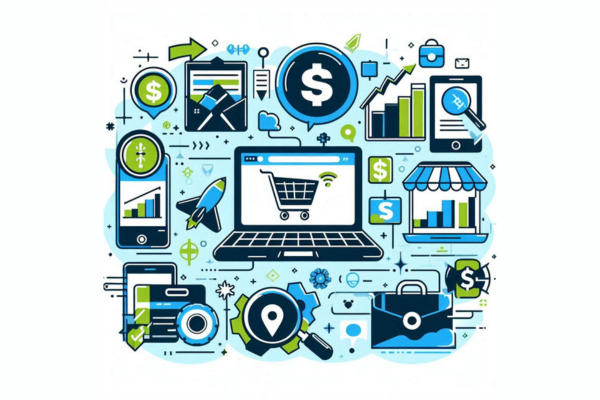 Ilustração do artigo sobre Mercado de Afiliados ou E-commerce: Qual é a Melhor Opção para Iniciantes, com elementos de notebook, compras, gráficos, na paleta azul, verde, preto e branco.