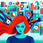 Ilustração do artigo sobre 'O Poder da Análise de Dados: Ferramentas que Todo Marketer Precisa Conhecer", com mulher ruiva pensando nas ferramentas, na paleta azul, verde, preto, branco e laranja.