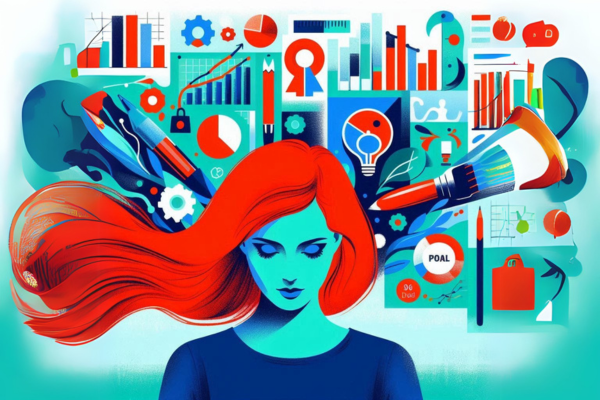 Ilustração do artigo sobre 'O Poder da Análise de Dados: Ferramentas que Todo Marketer Precisa Conhecer", com mulher ruiva pensando nas ferramentas, na paleta azul, verde, preto, branco e laranja.