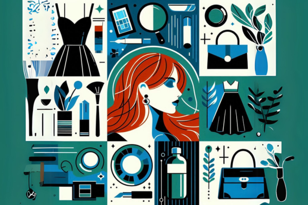 Ilustração do artigo sobre "Os Melhores Nichos para Trabalhar com Marketing de Afiliados em 2025", uma mulher ruiva ao redor de diferentes nichos. Imagem na paleta azul, verde, preto, branco e laranja.