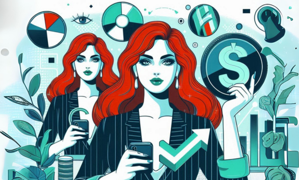 Ilustração do artigo sobre "Técnicas de SEO para Potencializar Seus Ganhos no Mercado de Afiliados", com uma mulher ruiva mostrando os ganhos, na paleta azul, verde, laranja, preto e branco.