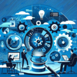 Ilustração do artigo sobre Estratégias de Marketing Digital 2b2, como atrair clientes corporativos, na paleta azul, preto e branco.