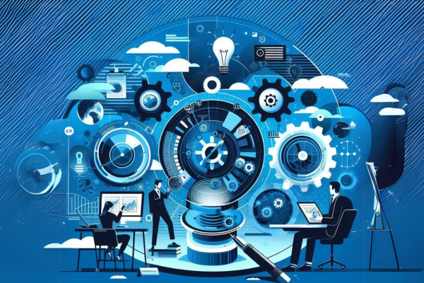 Ilustração do artigo sobre Estratégias de Marketing Digital 2b2, como atrair clientes corporativos, na paleta azul, preto e branco.