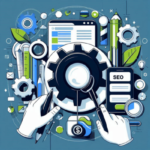 Ilustração do artigo sobre ferramentas de SEO, com elementos de engrenagem e listas, na paleta azul, verde, preto e branco.